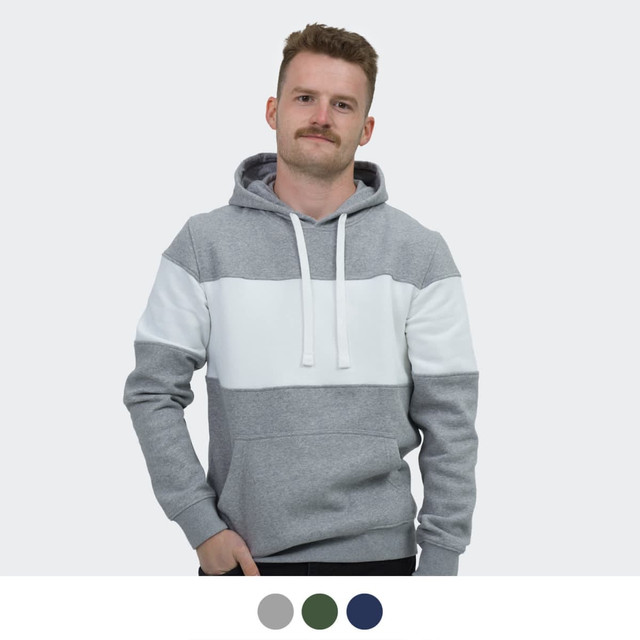 A unisex hoodie in grey with a white horizontal stripe, featuring a front kangaroo pocket and a drawstring hood.